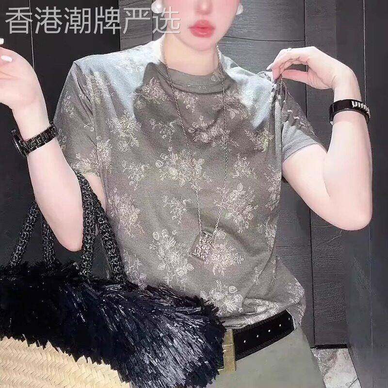 韩版设计感短袖T恤女2026夏季新款高级感灰色圆领个性碎花上衣潮