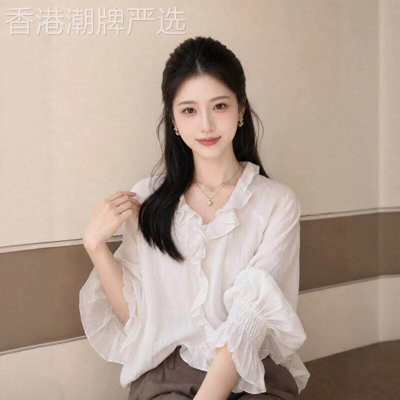 法式白色衬衫女长袖春秋季2026新款高级感减龄洋气木耳边衬衣上衣