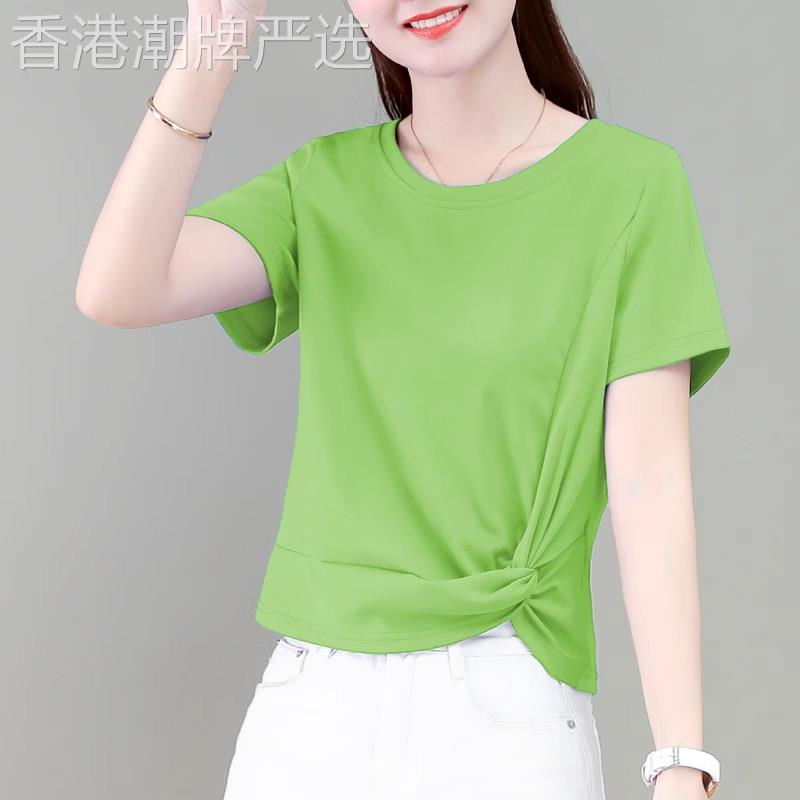 绿色修身不规则别致短袖T恤女2026夏季新款显瘦百搭纯色洋气上衣