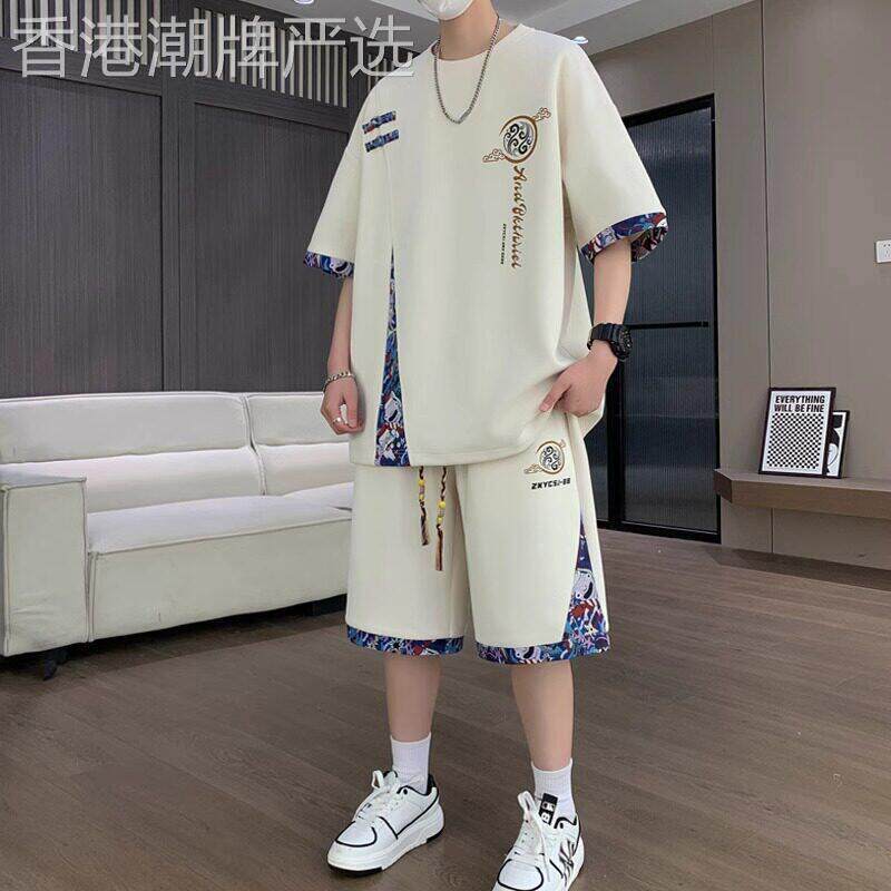 潮牌新中式冰丝休闲运动套装男夏季宽松短袖短裤青少年穿搭一整套