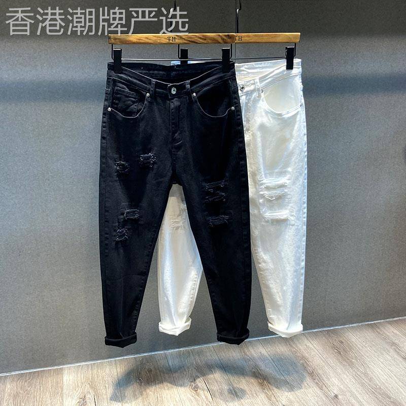 潮牌黑色破洞牛仔裤男2025年夏季韩版休闲小脚修身百搭显高长裤子