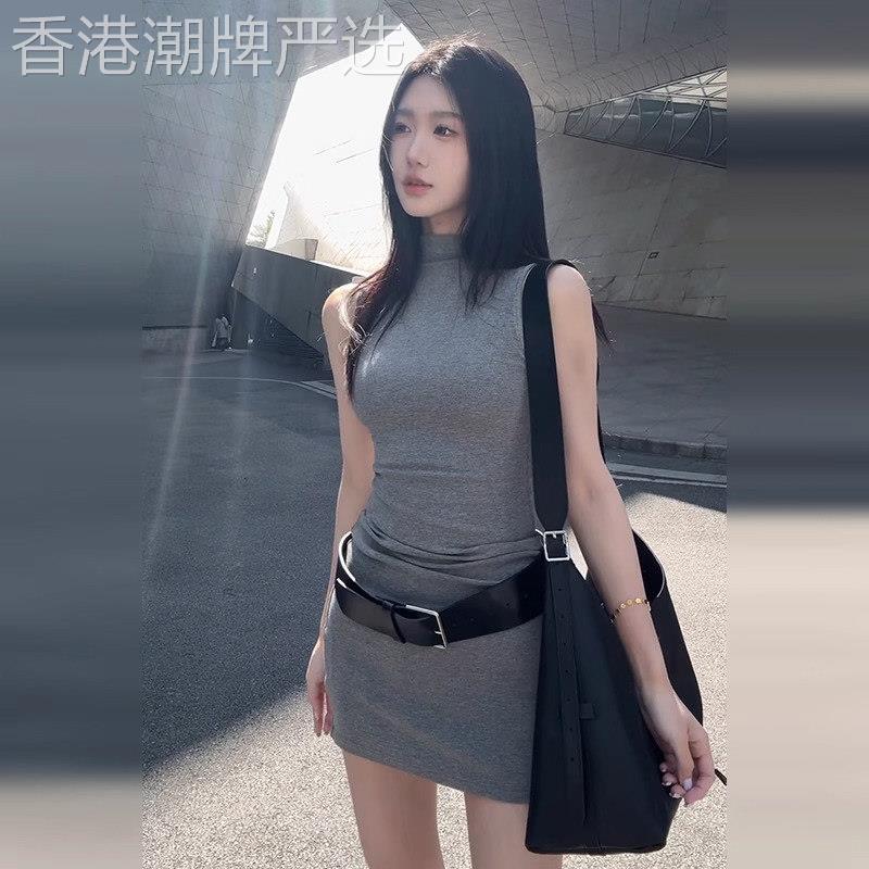 灰色无袖背心洋装女春夏2025新款修身收腰T恤裙辣妹短款包臀裙