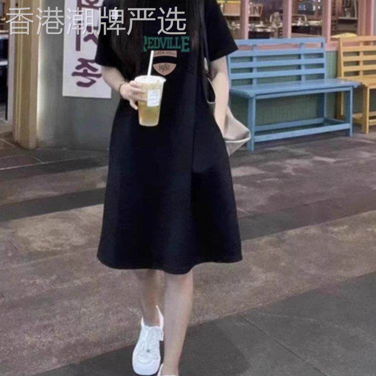 圆领短袖连衣裙女2025夏季新款气质修身显瘦中长款黑色打底T恤裙