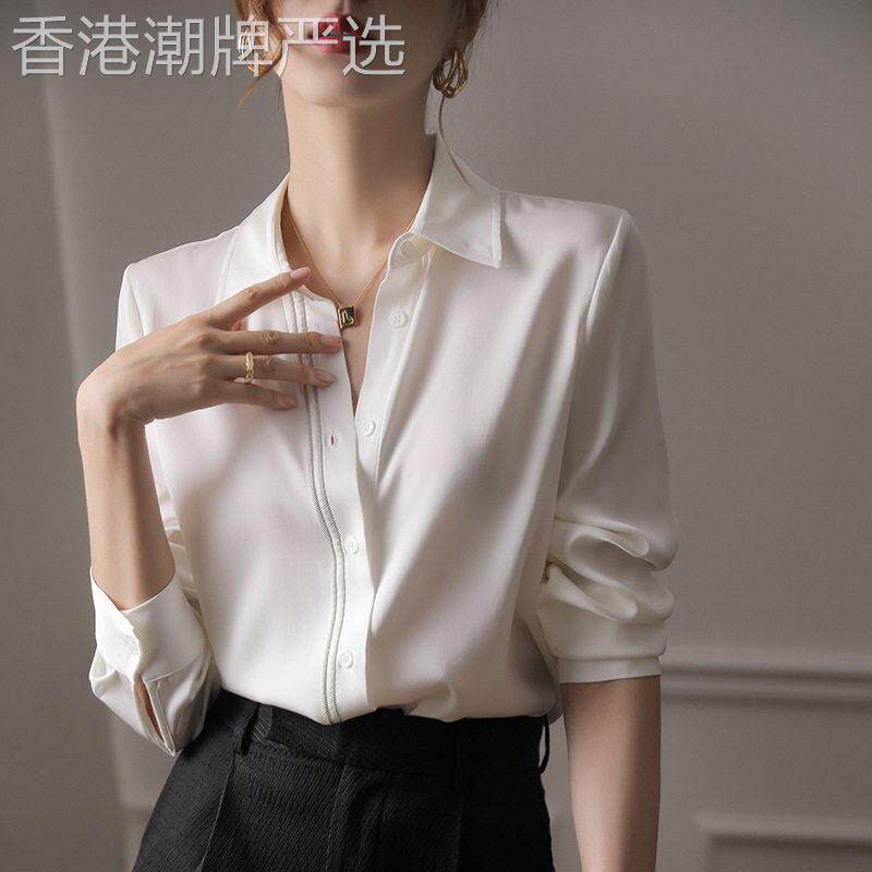 日系轻奢白色真丝衬衫女2025春秋季长袖桑蚕丝上衣修身通勤OL衬衫