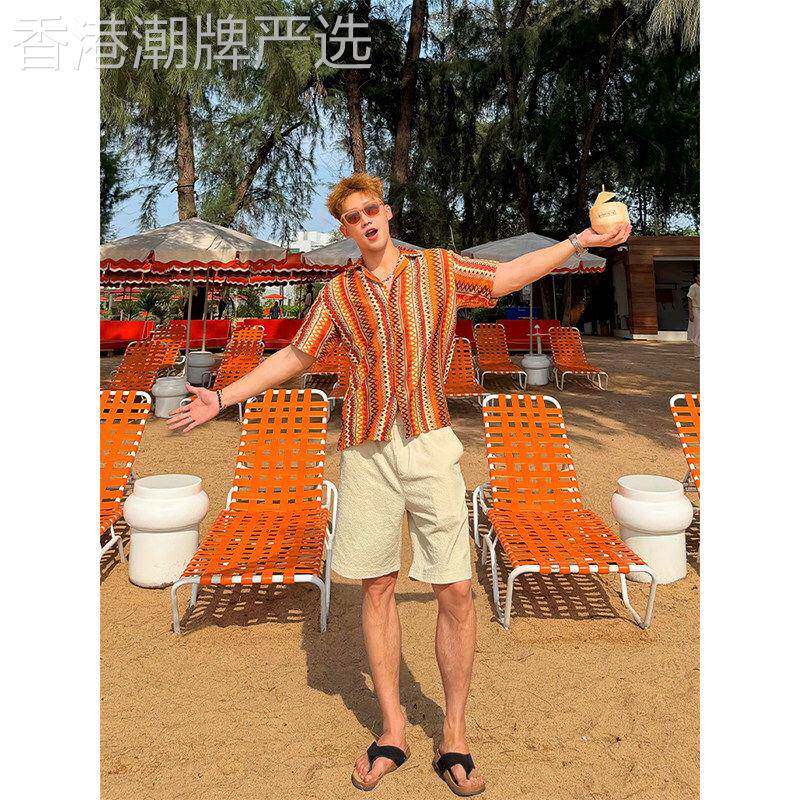 度假风印花短袖衬衫男士夏季潮牌海边拍照穿搭古巴领宽松半袖衬衣
