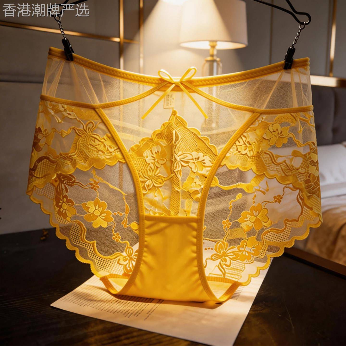 高端中高腰大尺码胖mm蕾丝内裤女士夏季超薄款镂空网纱透明三角短