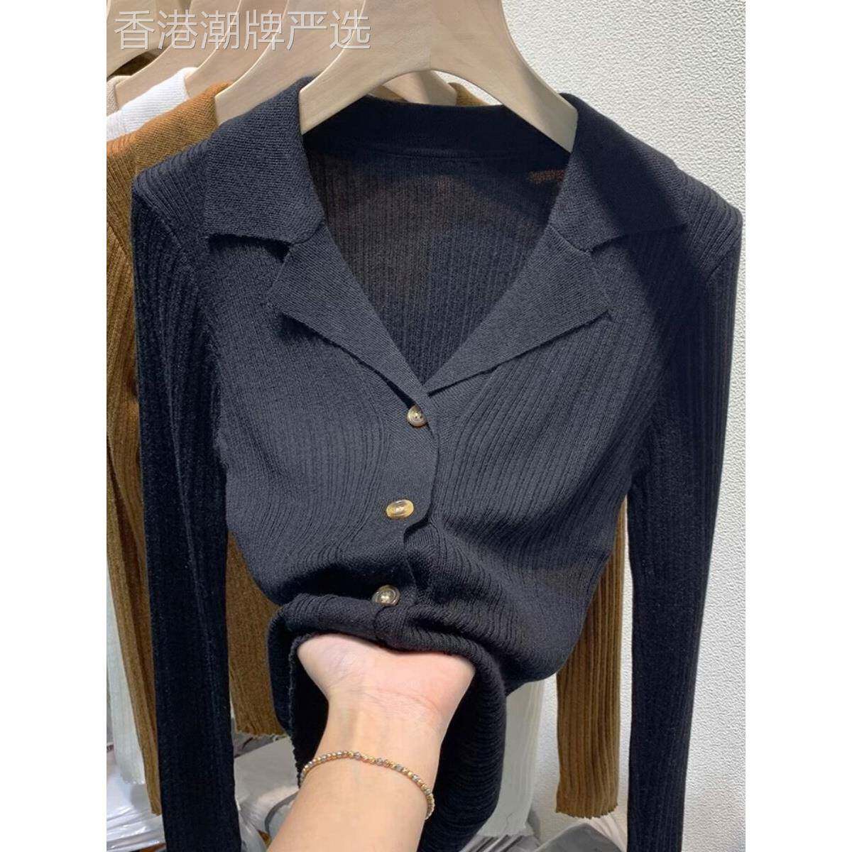 欧式女式v领针织开衫春秋季新时尚优雅工作服内搭衬衫长袖翻领上