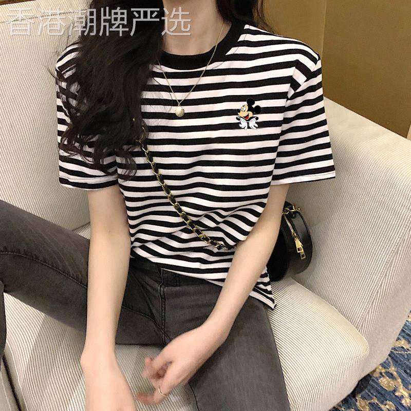 韩版夏季纯棉2026新款圆领黑白条纹印花短袖T恤女百搭上衣ins潮