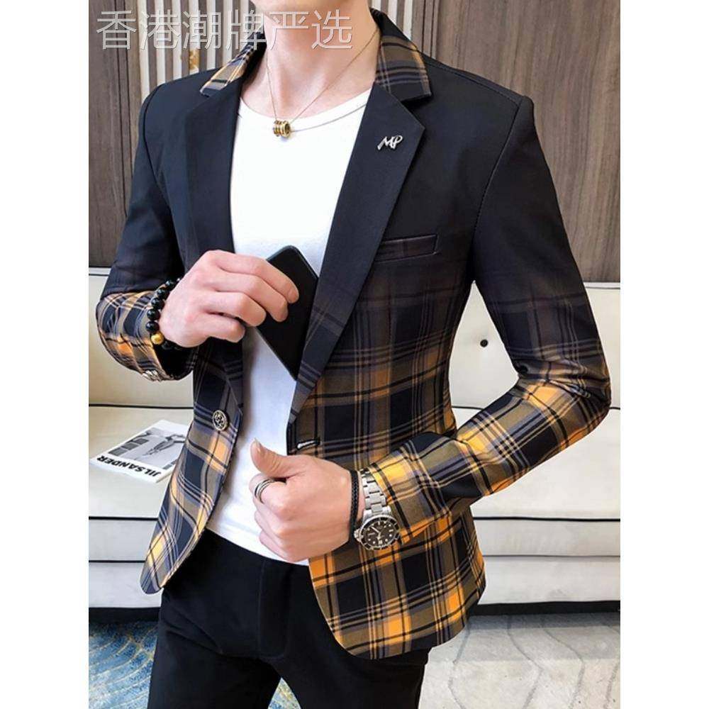男士高级感格子西服2025春季新款韩版修身潮流百搭休闲小西装外套