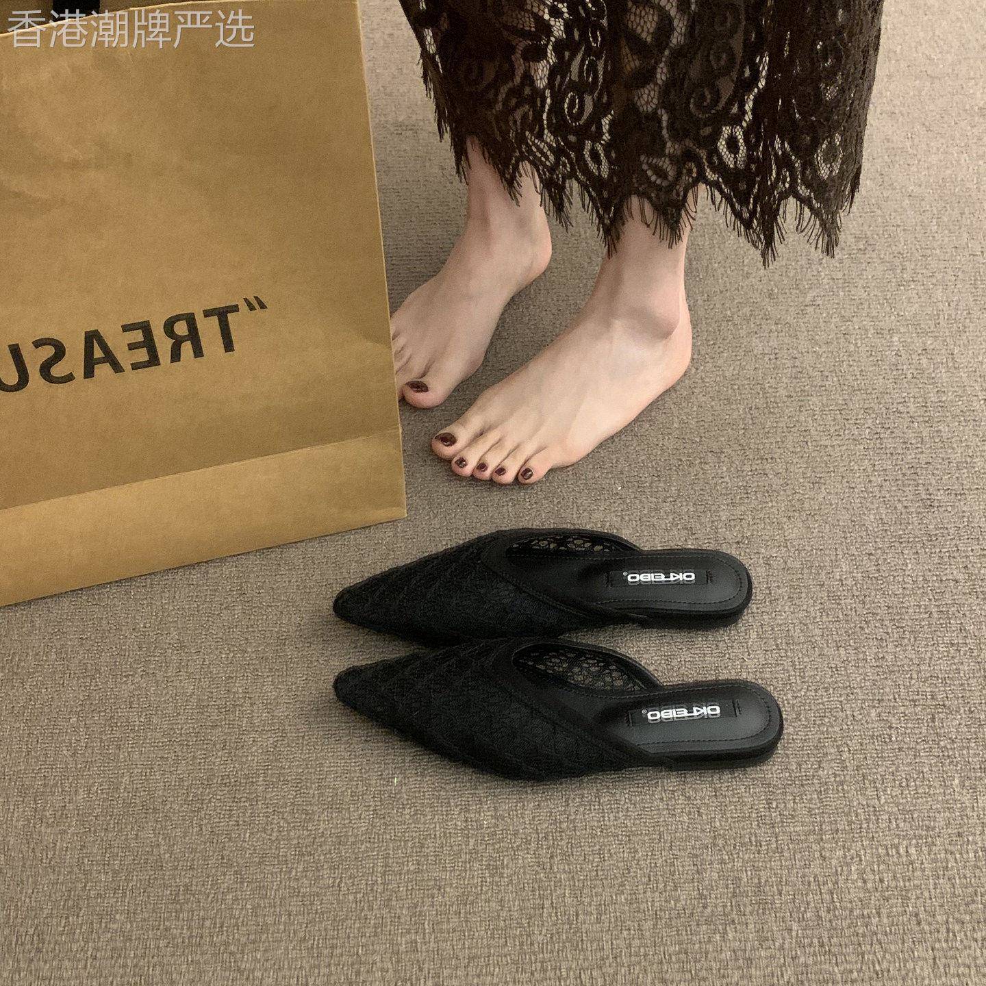 潮牌法式复古编织尖头穆勒鞋女2026春夏款包头凉拖鞋女平底半拖鞋