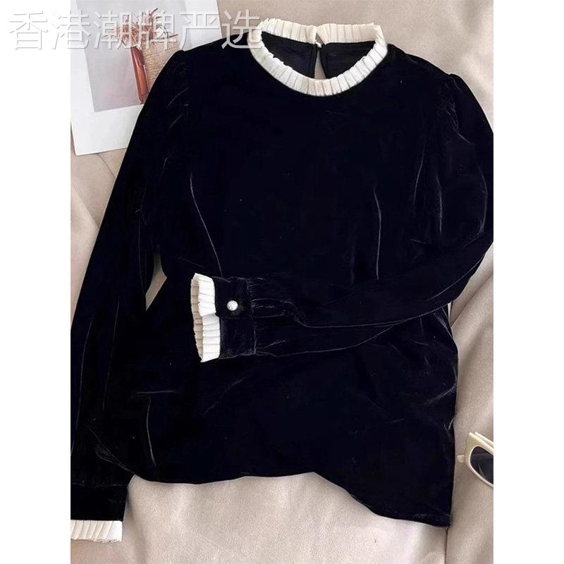 设计感丝绒衬衫女2026春秋欧货木耳边打底衫拼接名媛气质百搭上衣