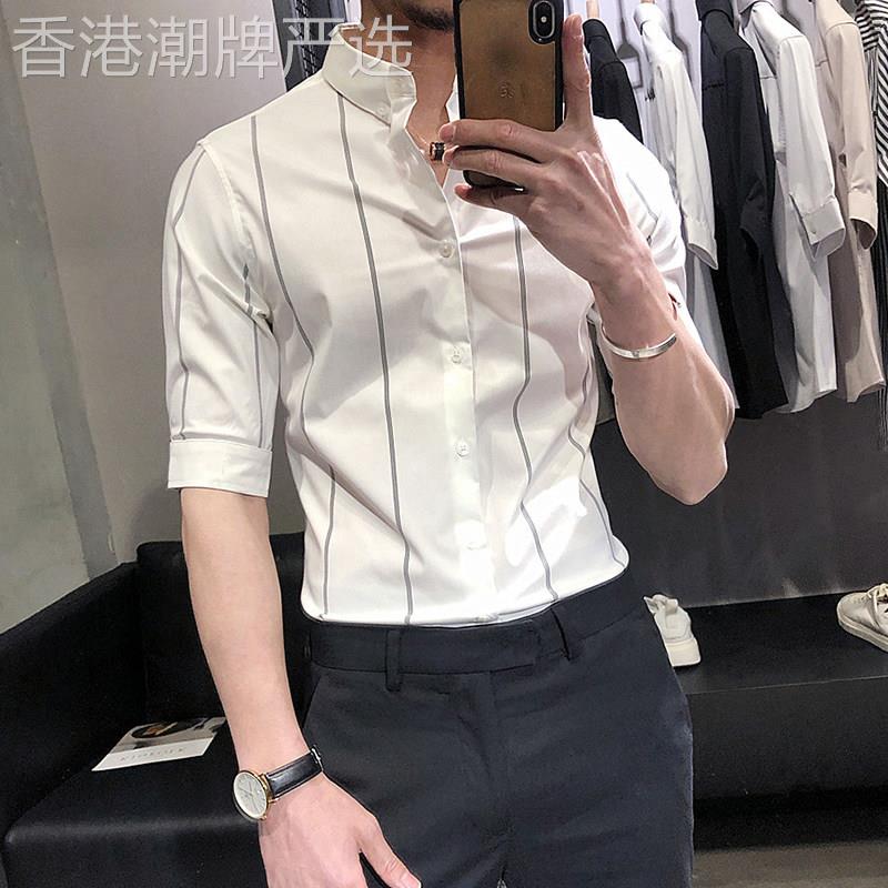潮牌条纹七分袖衬衫男士夏季商务休闲冰丝半袖高级感痞帅中袖衬衣