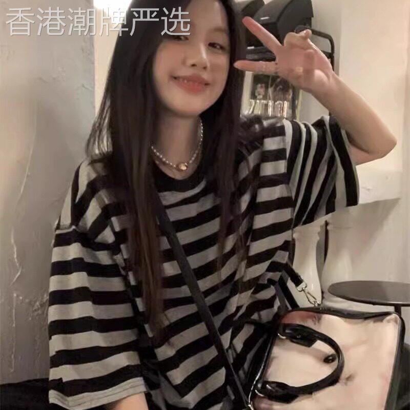 黑色条纹短袖T恤女夏季薄款2026新款宽松显瘦中长版半袖T恤上衣