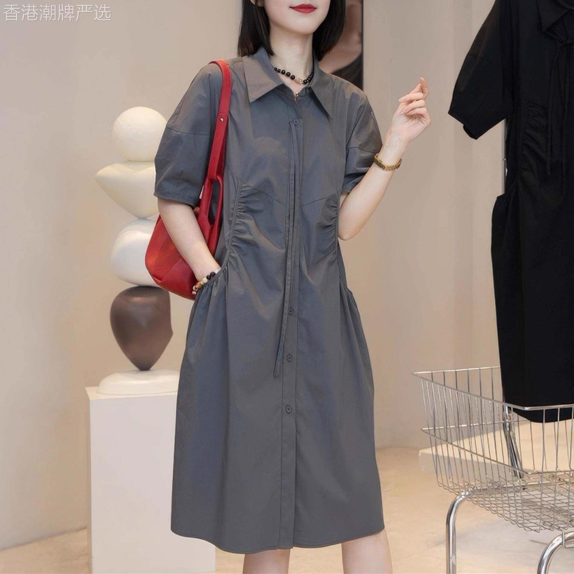 休闲短袖洋装女夏季新款大尺码宽松时尚百搭女士中长版翻领衬衫裙