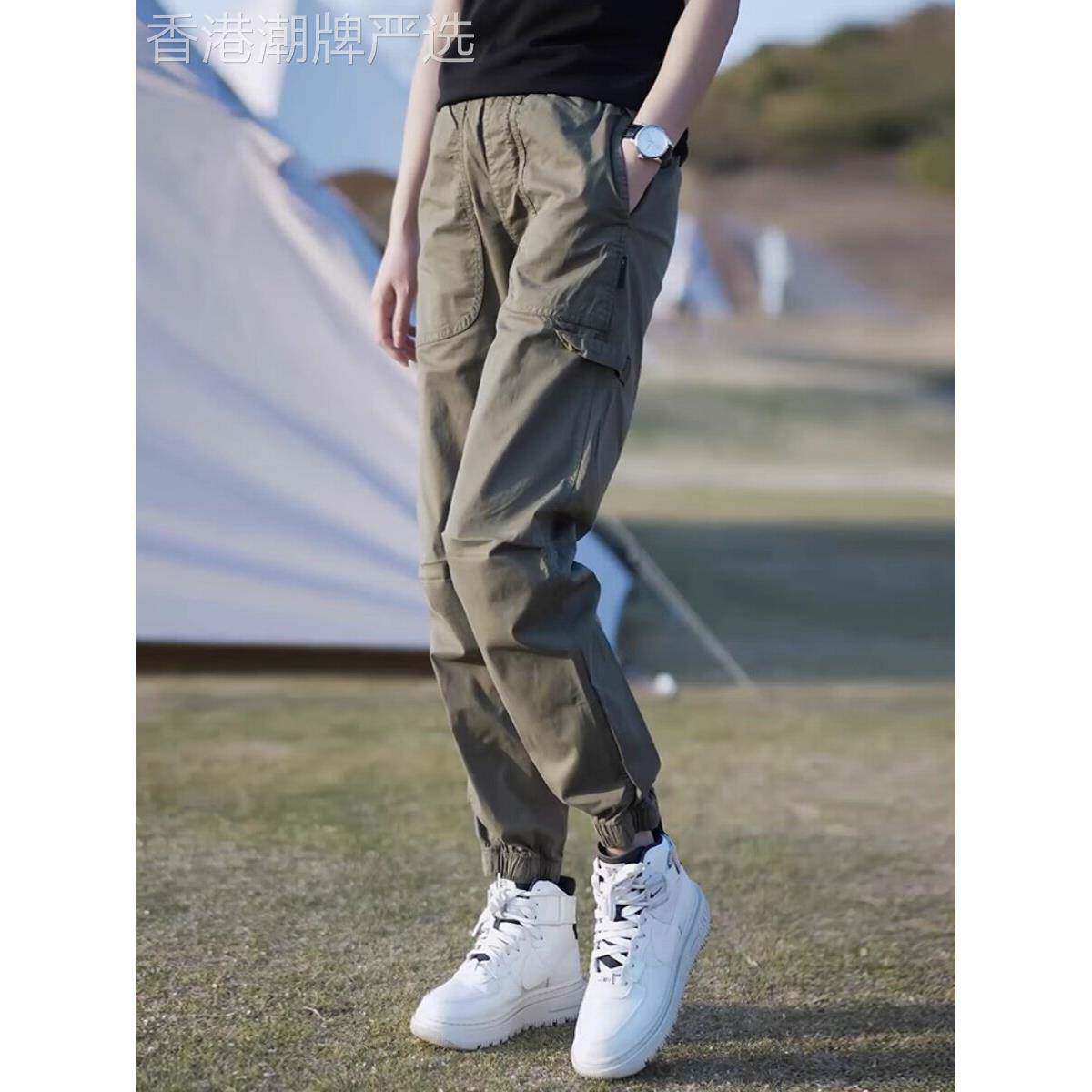 军绿色工装裤2025春秋新款休闲宽松显瘦美式运动裤高腰束脚哈伦裤