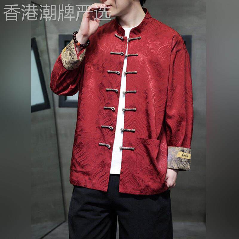 轻奢中国风盘扣唐装春秋红色长袖上衣结婚礼服兄弟团古装衬衫汉服