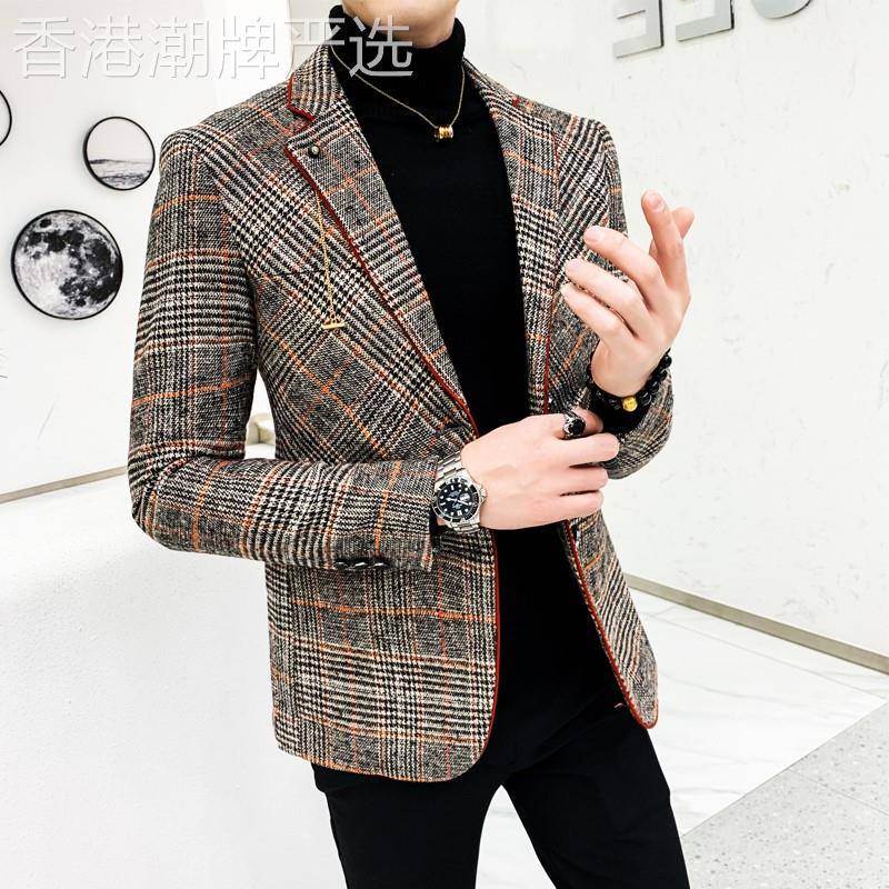 休闲毛呢西装外套男春季韩版修身潮流复古小西服短款帅气格子男装