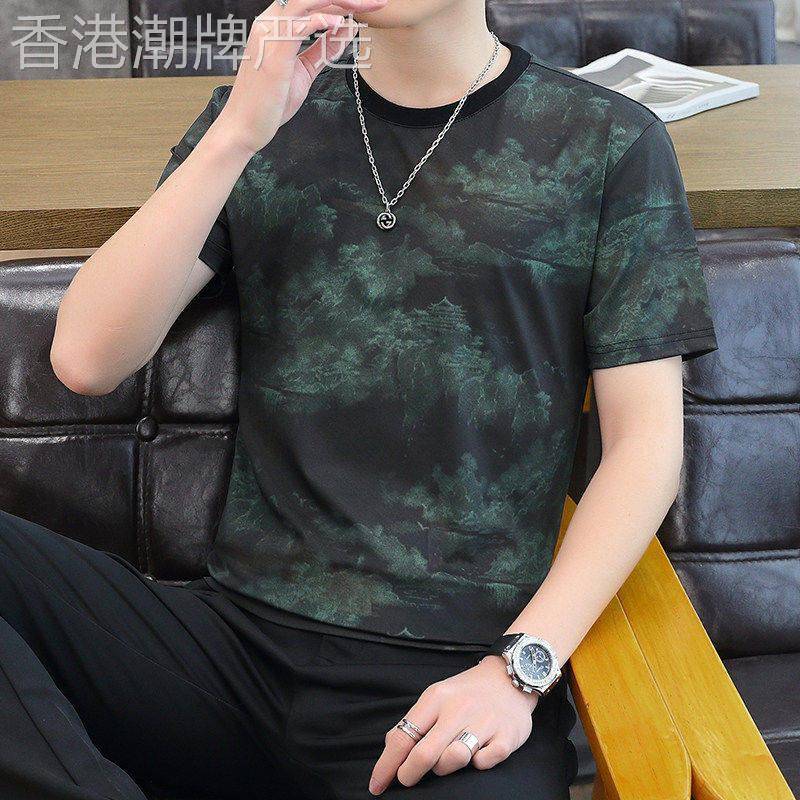 冰丝短袖t恤男欧货高端夏季薄款修身中国风印花潮流个性半袖体恤