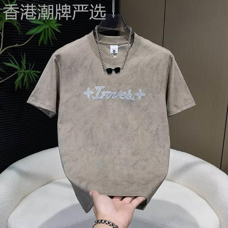男士扎染短袖T恤字母设计感圆领简约百搭潮牌上衣外穿体恤男款潮