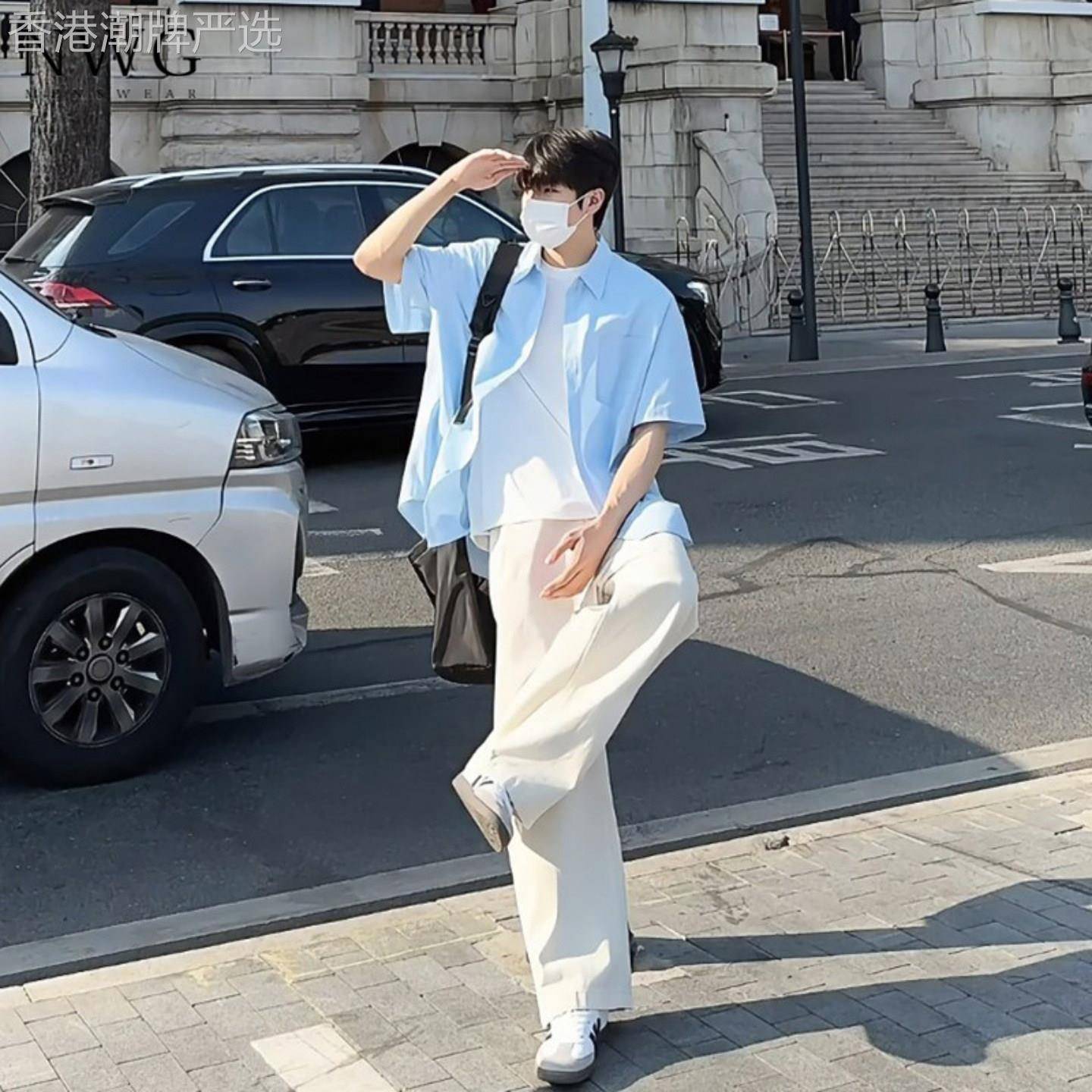 蓝色冰丝短袖衬衫男夏季薄款海边度假穿搭宽松半袖衬衣男休闲外套