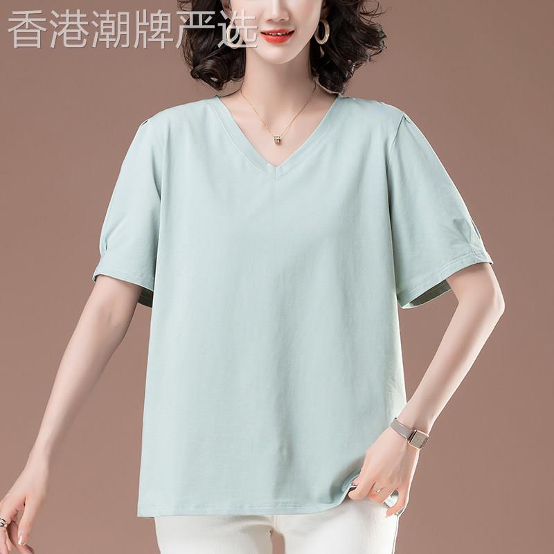 V领纯色宽松减龄短袖T恤女夏季新款休闲遮肚加肥加大码中老年上衣