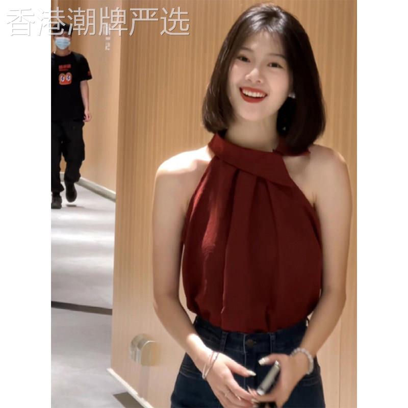法式性感露肩红色挂颈背心女2025夏季新款设计感小众气质衬衫上衣