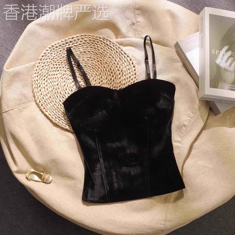 金丝绒小吊带背心女春秋欧货带胸垫美背文胸一体西装内搭打底上衣