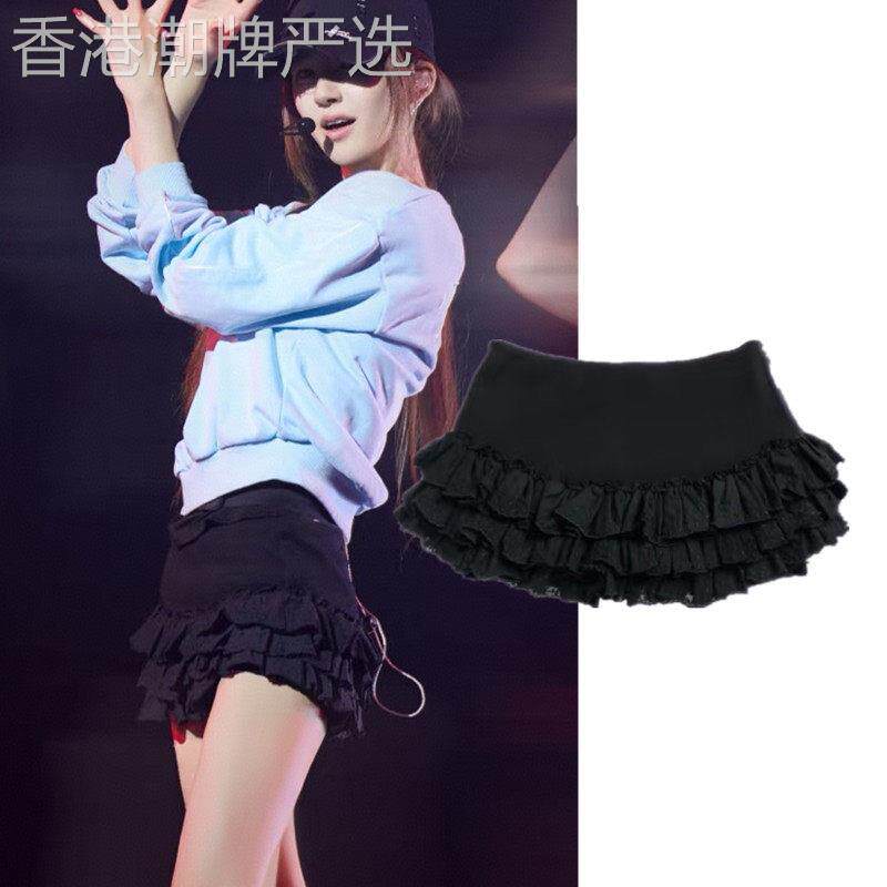 赵露思同款甜辣妹风花边抽褶蛋糕短裙女黑色松紧防走光仙女半身裙