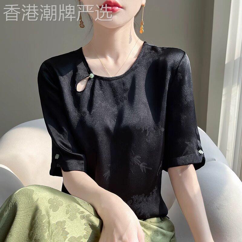 新中式雪纺衬衫女夏短袖2026新款国风提花设计感醋酸缎面半袖上衣
