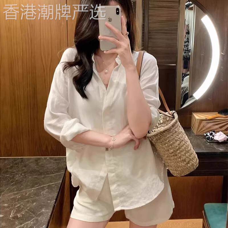 ROUJE NAIVE白色棉麻防晒衬衫女春夏小个子休闲亚麻衬衫长袖上衣