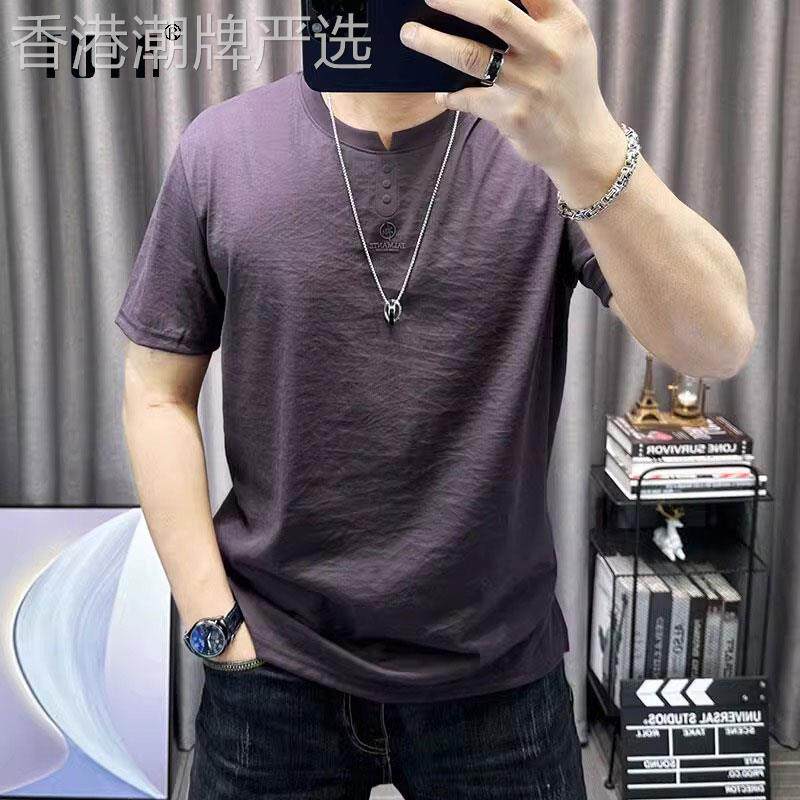 短袖t恤男士夏季潮牌修身纯色圆领休闲上衣天丝棉麻复古半袖体恤