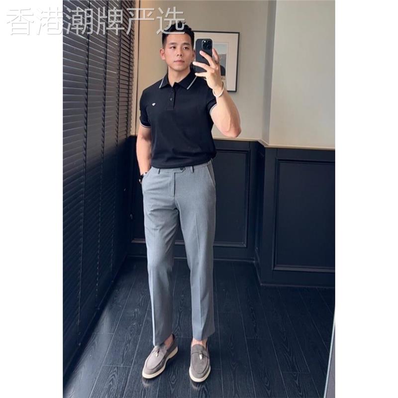 潮牌高级感商务休闲窄版西装裤浅灰色垂感直筒九分西裤男夏季薄款