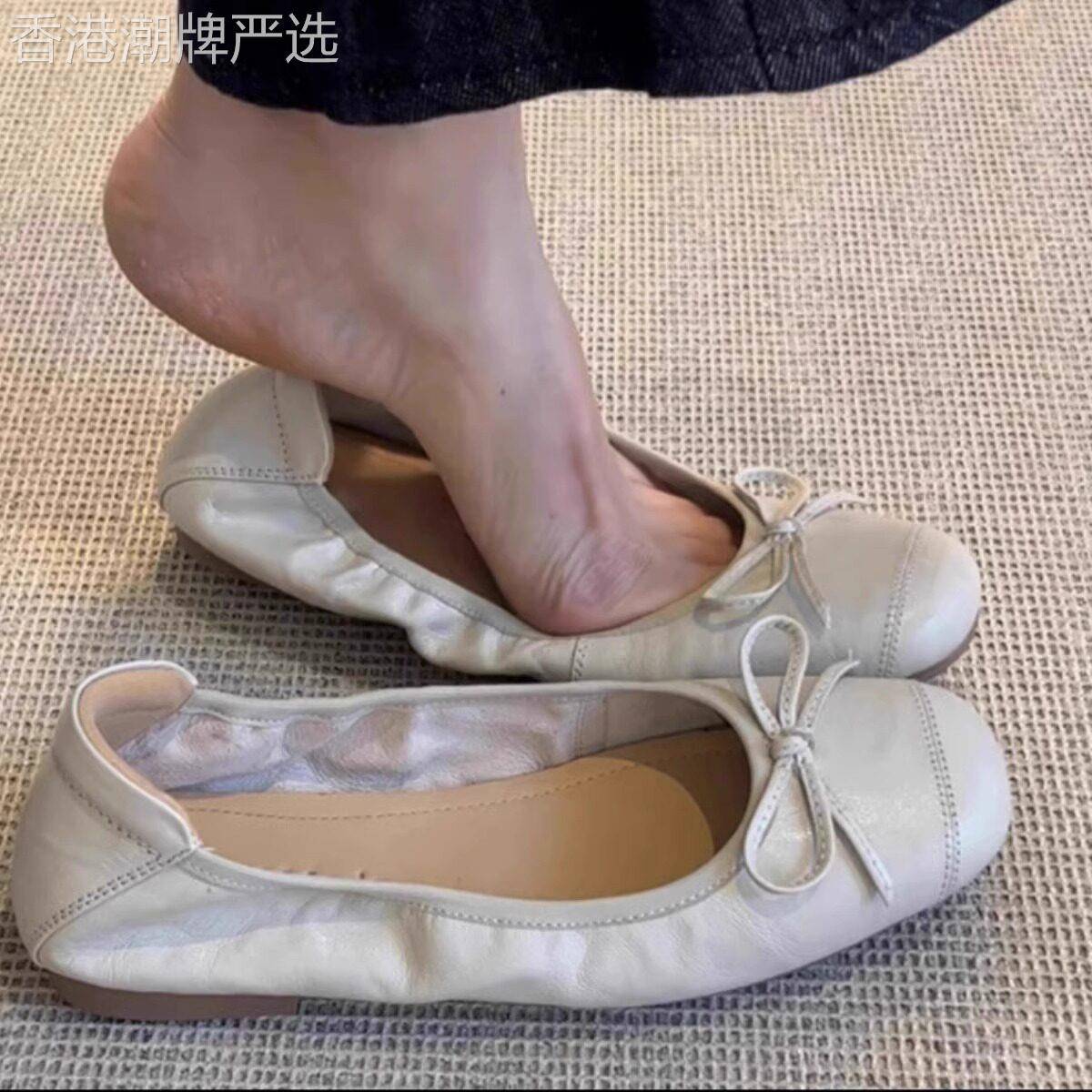 羊皮版~真的超软芭蕾鞋法式休闲软底单鞋女蝴蝶结圆头复古奶奶鞋
