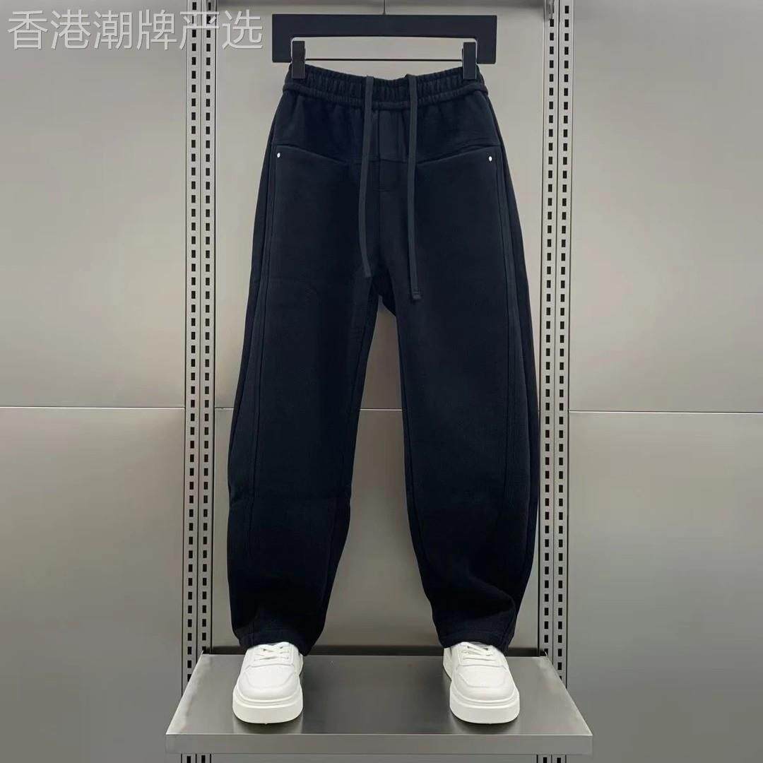 潮牌美式休闲纯色卫裤男士2026秋冬新款加绒加厚宽松垂感弯刀裤子