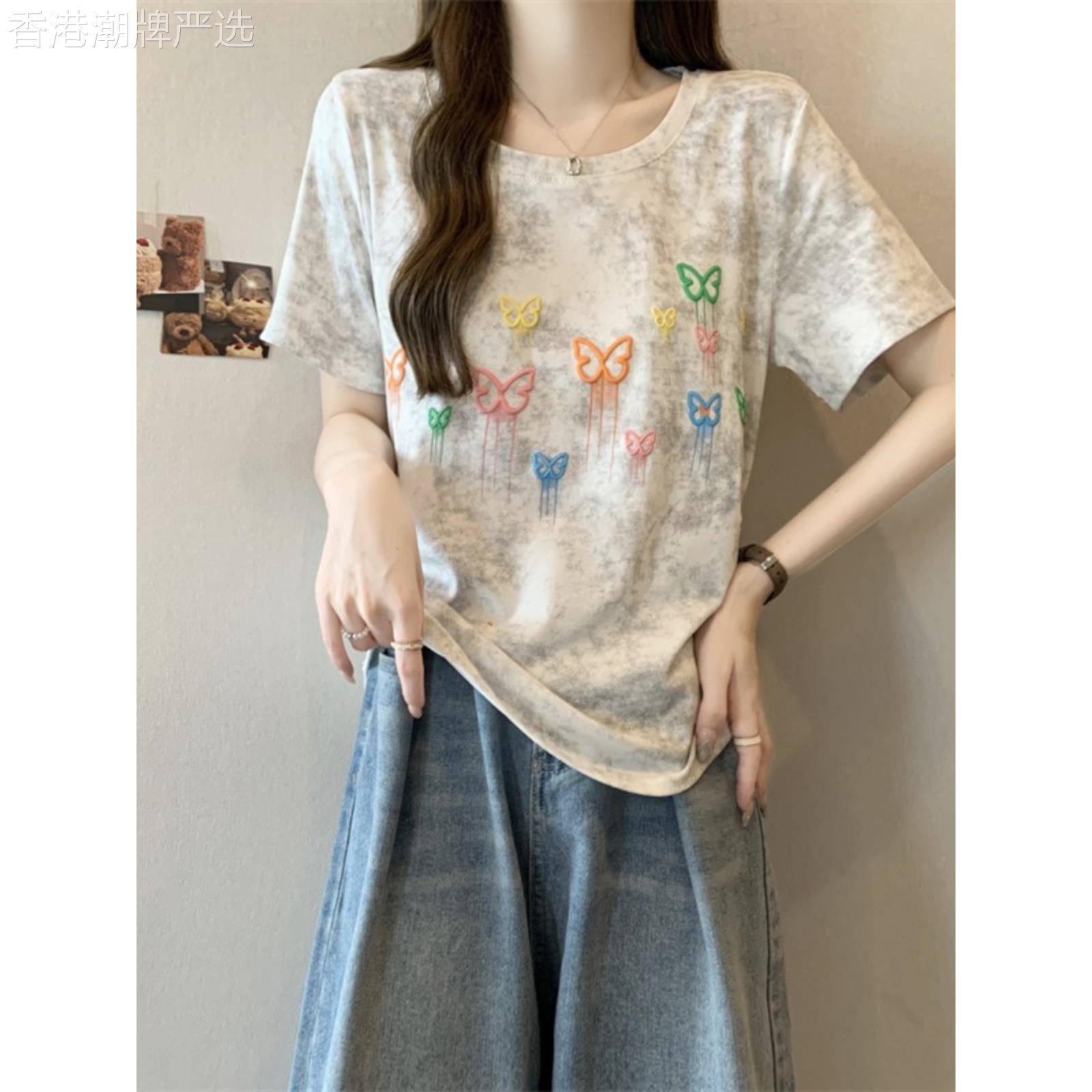 彩色蝴蝶扎染正肩短袖T恤女夏季新款大码宽松胖mm不规则减龄上衣