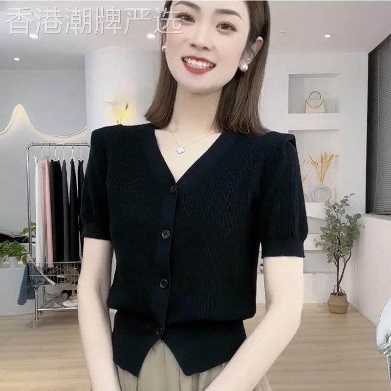 高级感别致黑色针织开衫女2026年夏季新款冰丝薄款v领短袖T恤上衣