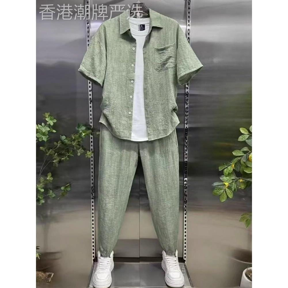 时尚品牌休闲运动套装男子夏季2025新宽松透气亚麻短袖衬衫和裤子