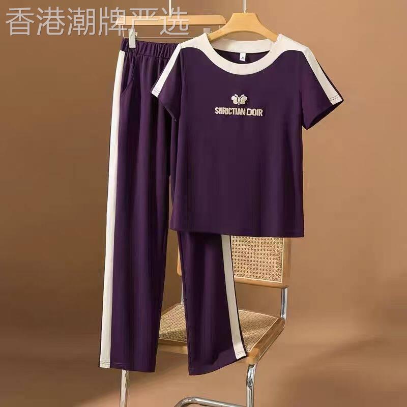 中年妈妈休闲运动套装女夏季薄款宽松大尺码短款时尚短袖长裤两件