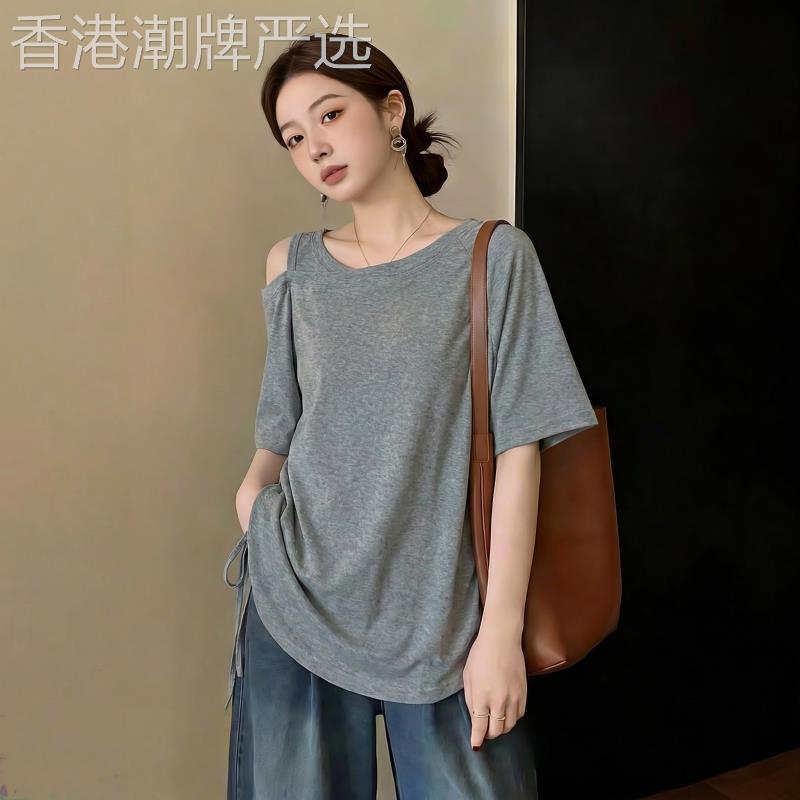 不规则抽绳斜肩短袖T恤女2026新款夏季大尺码胖MM宽松显瘦露肩上