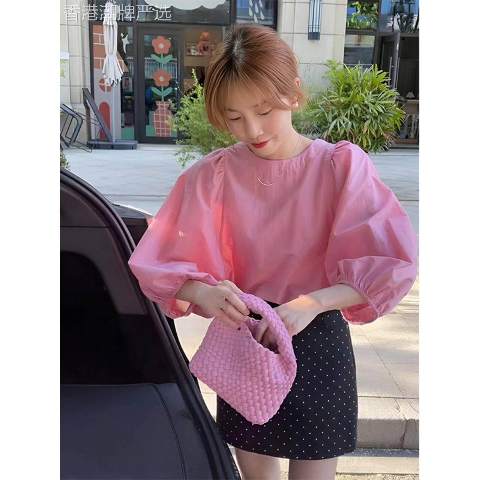 粉色泡泡袖衬衫女春秋夏宽松显瘦遮肚防晒七分袖衬衣圆领套头上衣