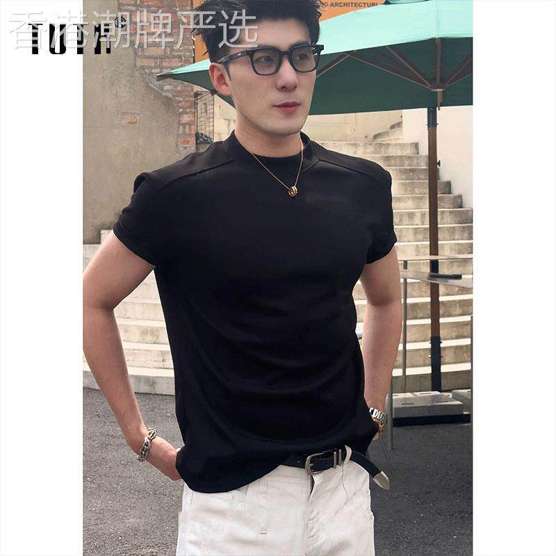 正肩短袖T恤男士夏季潮牌修身解构拼接休闲上衣服小领口半袖T恤