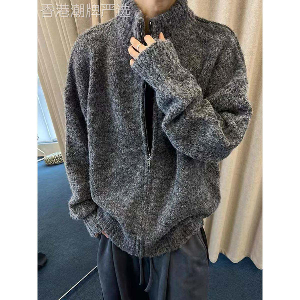 香港秋冬慵懒风深灰色羊绒毛衣外套男士宽松立领保暖针织开衫外套