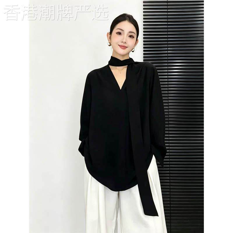 黑色V领挂脖飘带长袖衬衫女春秋欧货宽松显瘦高端小资穿搭上衣潮