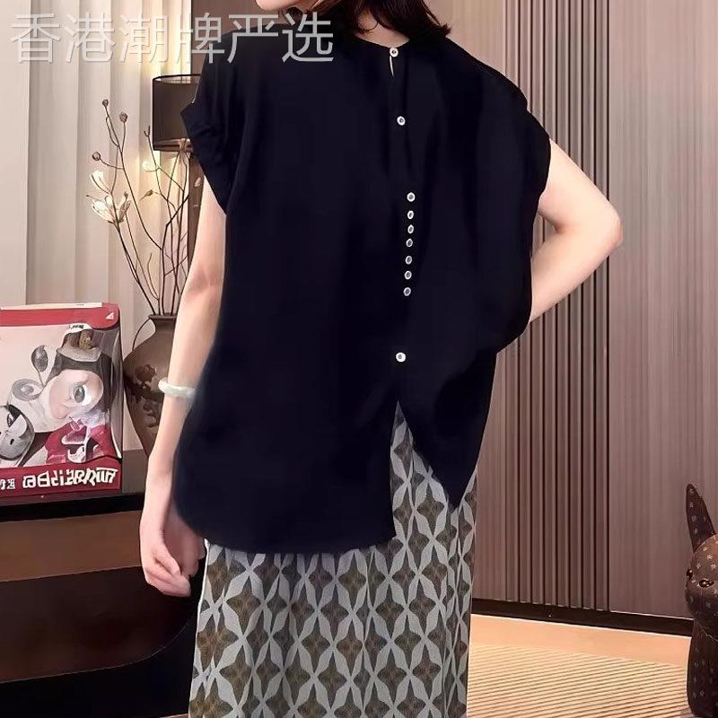 黑色高级感背后纽扣短袖t恤女夏季欧货大码胖MM慵懒显瘦百搭上衣