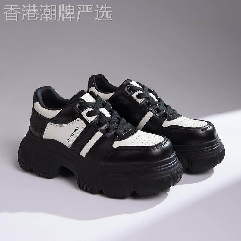 香港代购新款秋冬真皮厚底增高小白鞋女松糕底黑白熊猫运动休闲