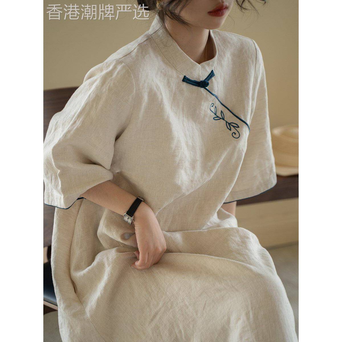 香港亚麻洋装2025新款女装胖mm大尺码茶服棉麻春夏中国风改良旗袍