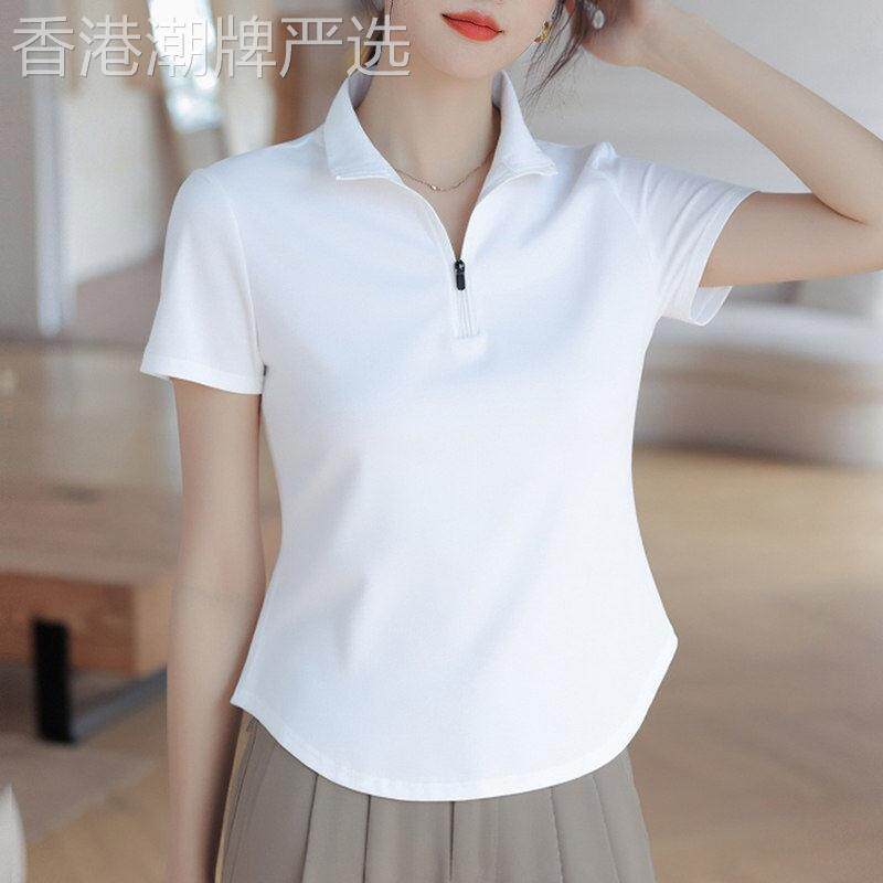 纯棉拉链小高领修身短袖t恤女2026夏季新款轻薄透气收腰短款上衣