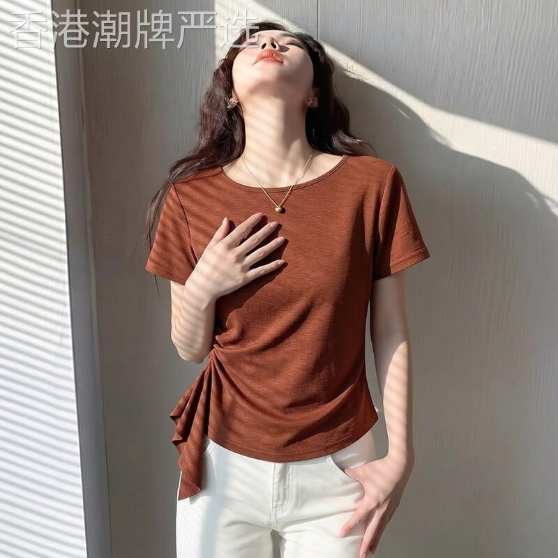 荷叶边褶皱短袖T恤女夏新款薄款气质时尚胖mm正肩打底衫显瘦上衣