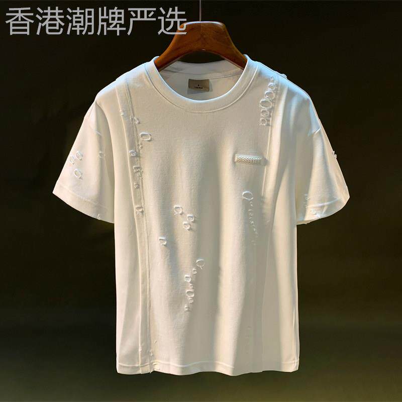 潮牌个性破洞短袖T恤男2026夏季薄款高街痞帅破烂洞洞五分袖上衣