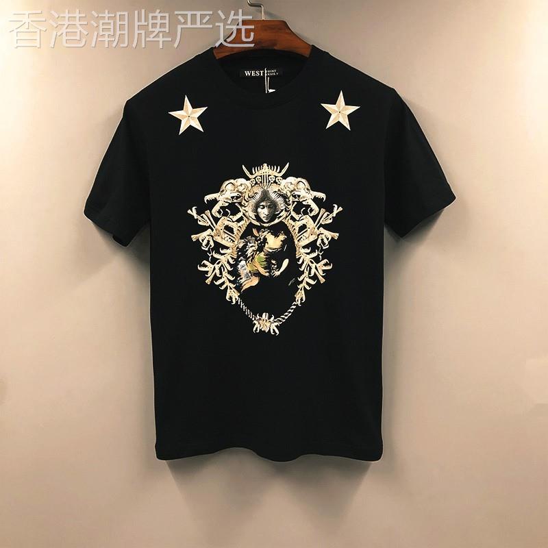 潮牌欧洲站美式个性印花圆领短袖T恤男头冠宽松夏季纯棉半袖体恤
